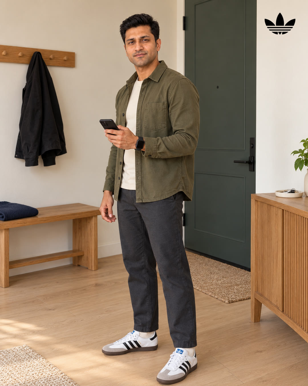 Man in an olive overshirt standing in an entryway holding his phone, wearing white Adidas Sambas.