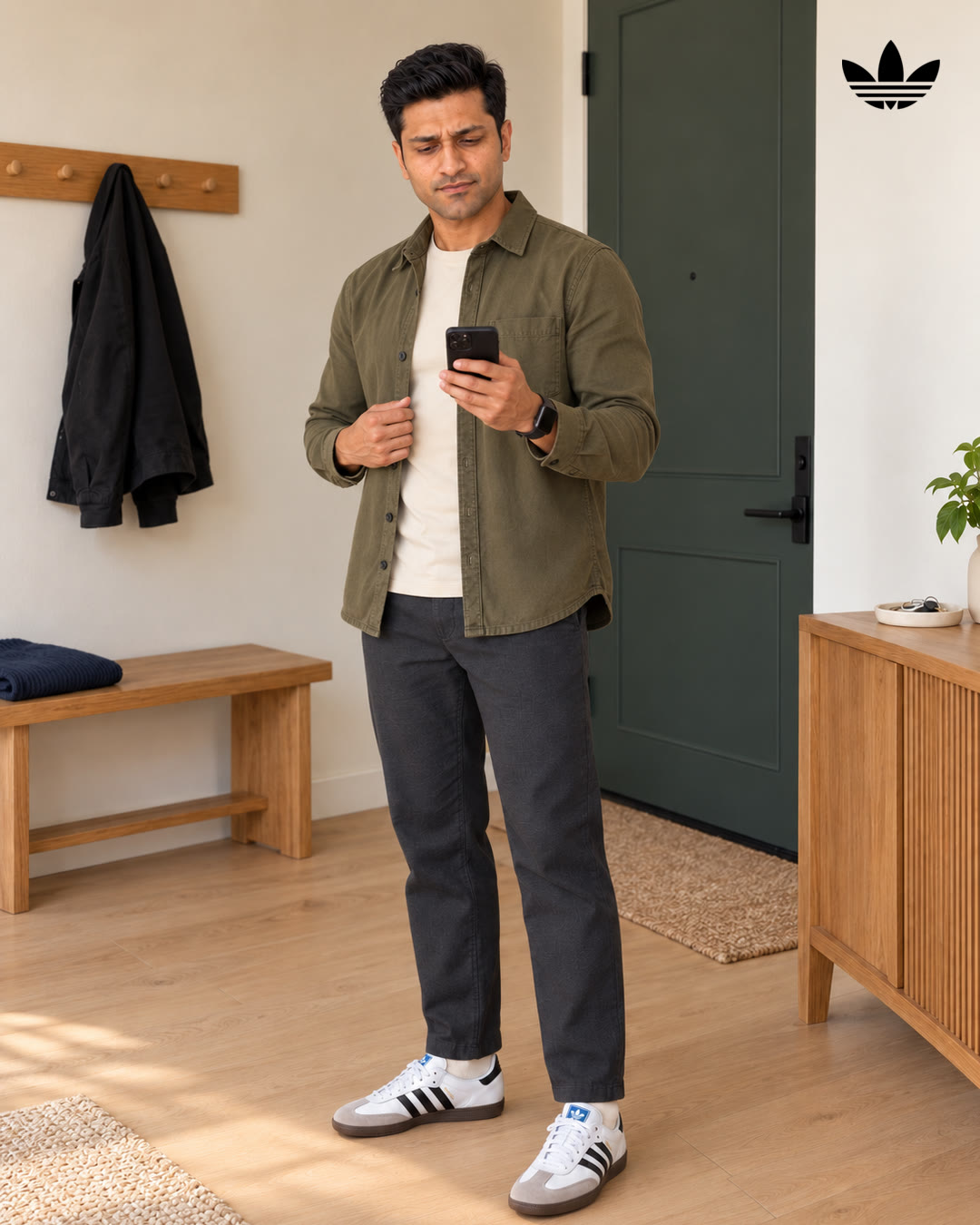 Man frowning at his phone while adjusting his overshirt in the entryway.