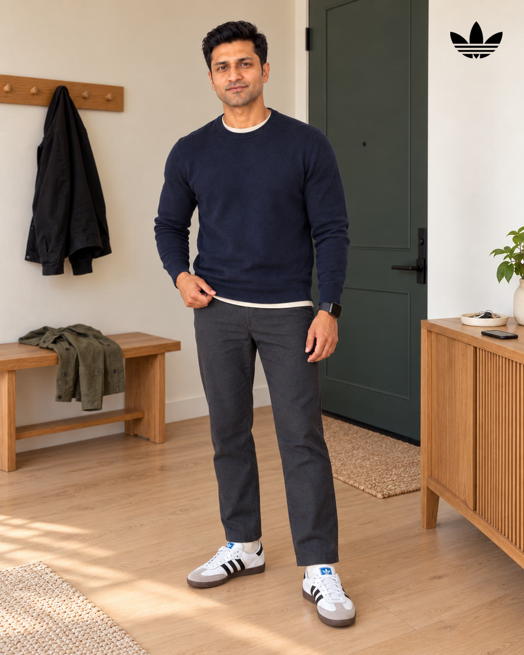 Man in a navy sweater standing in the entryway, olive overshirt left on the bench.