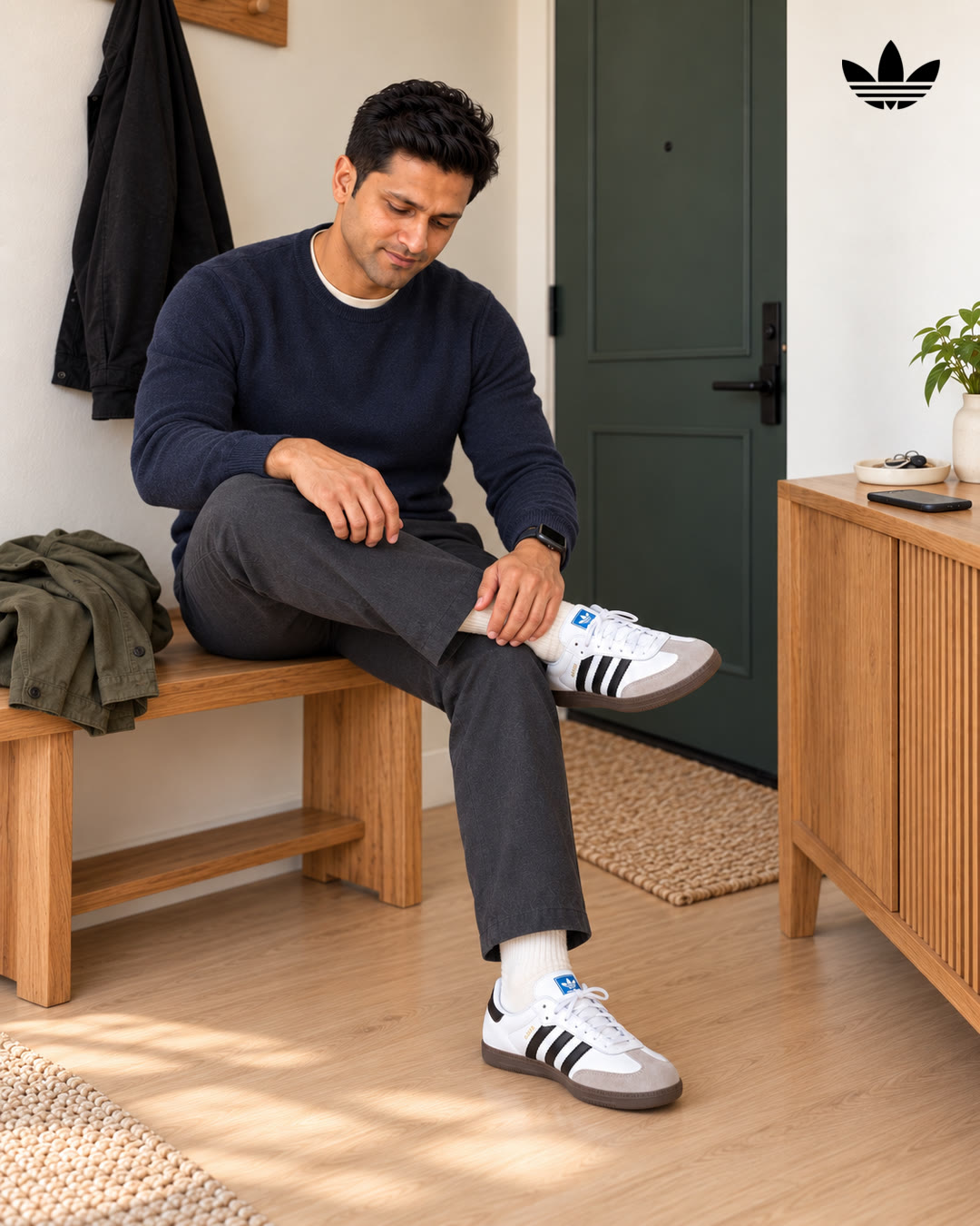 Man in a navy sweater seated on the bench adjusting his sock above an Adidas Samba.