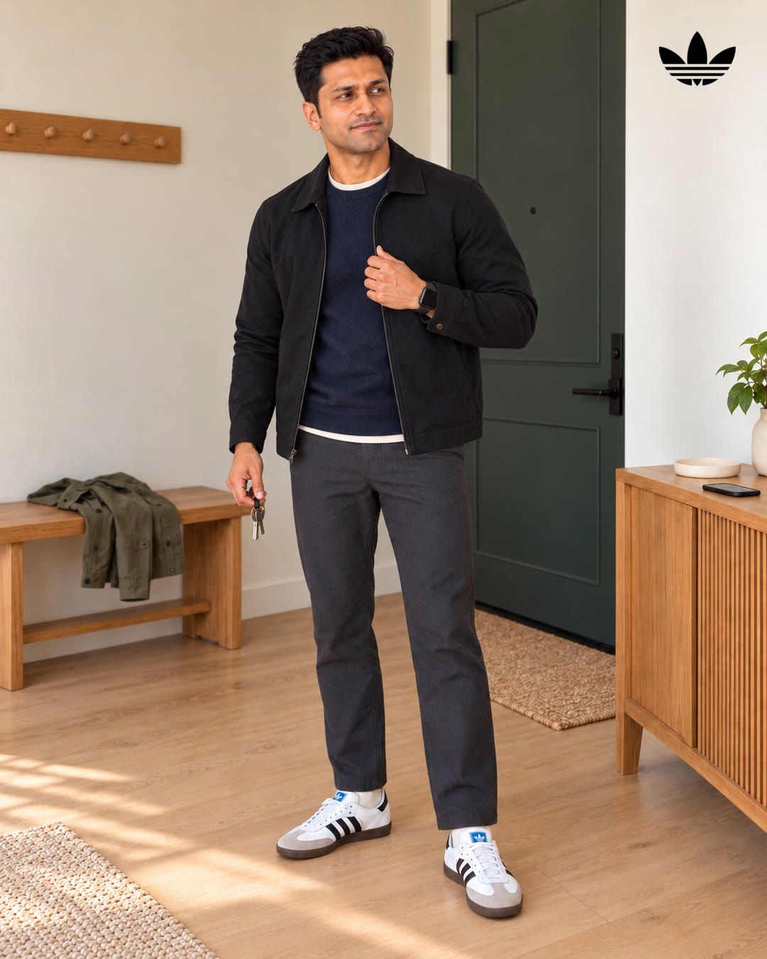 Man in a black zip jacket and navy sweater holding his keys, ready to leave.