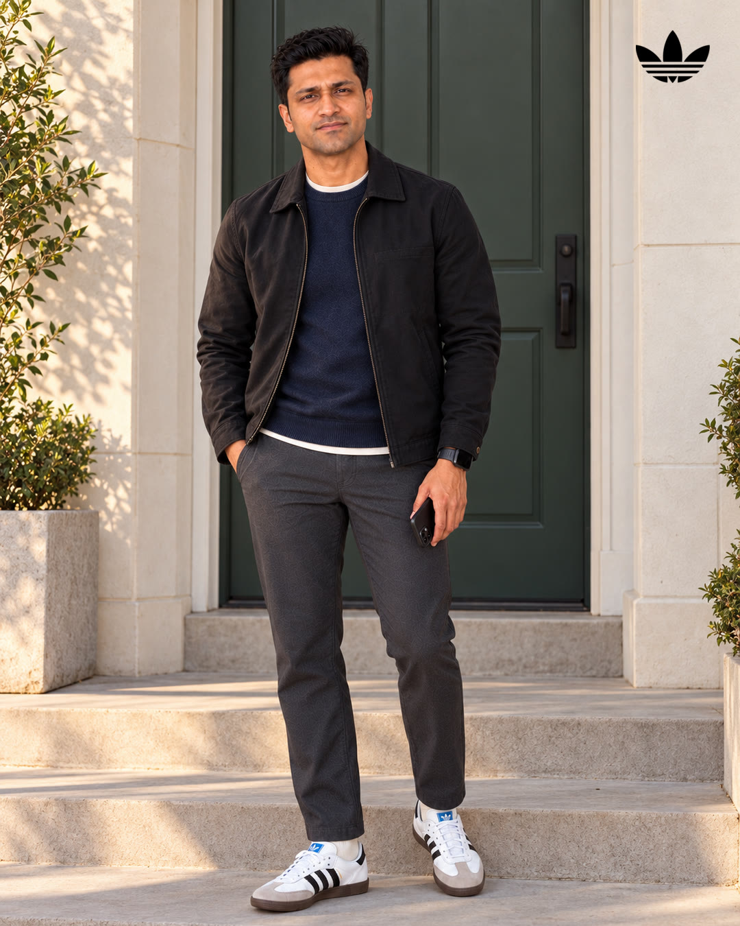 Man in a black jacket stepping out onto stone steps in front of a green door, wearing Adidas Sambas.