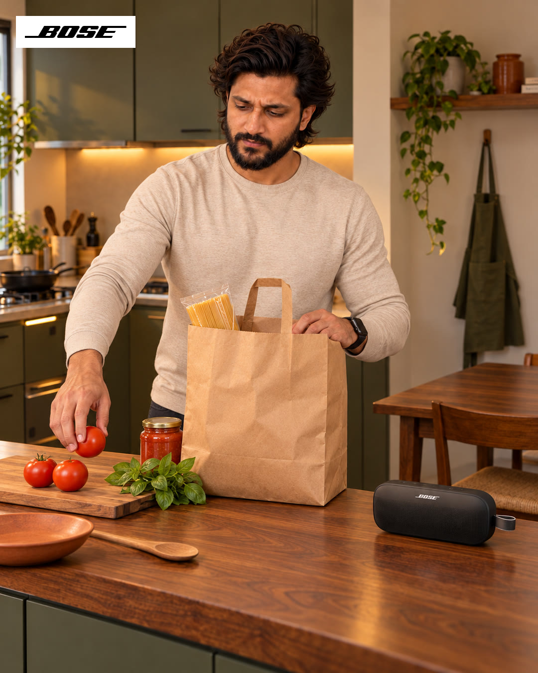 Man setting tomatoes and a jar of sauce on a cutting board in a bright kitchen, Bose speaker on the counter.