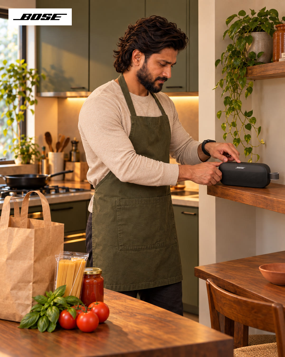 Man in an olive apron reaching for a Bose speaker on the kitchen shelf.