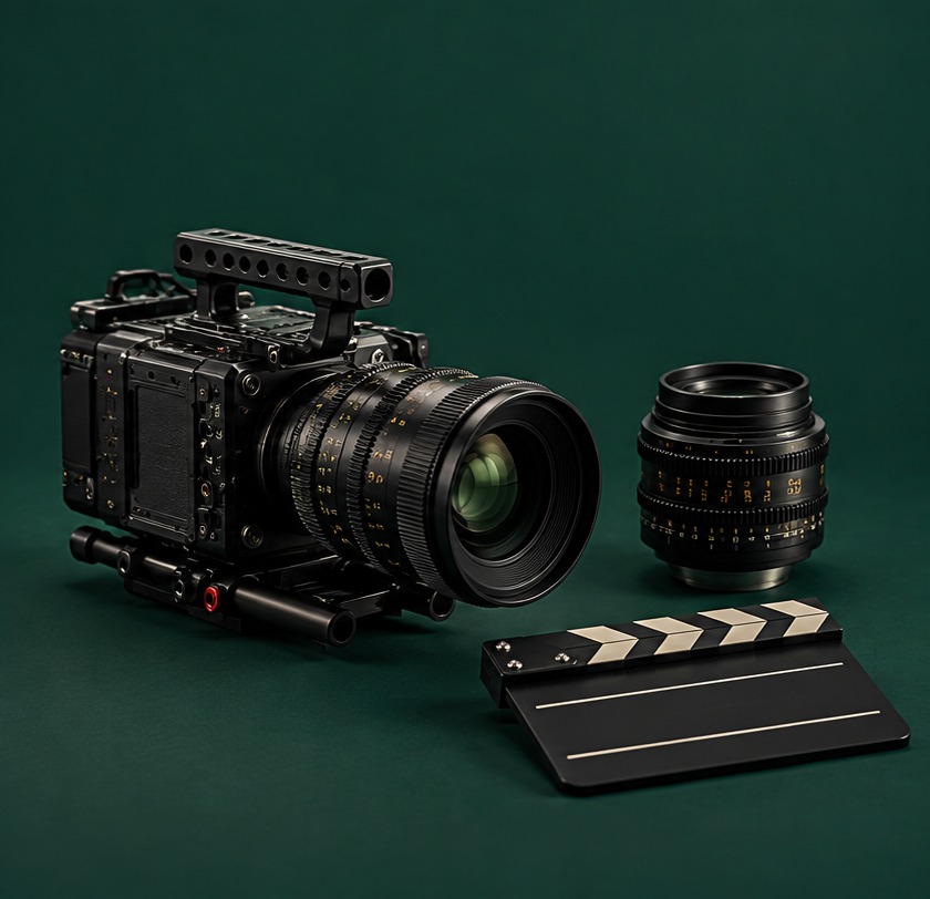 Cinema camera with a prime lens and a clapperboard on a deep green backdrop.
