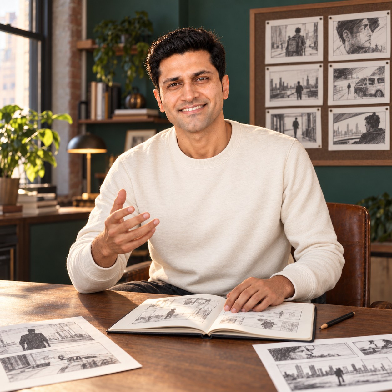 Siddharth Khonde at his desk in a studio, gesturing as he talks through storyboards laid out on the table and pinned to the wall behind him.