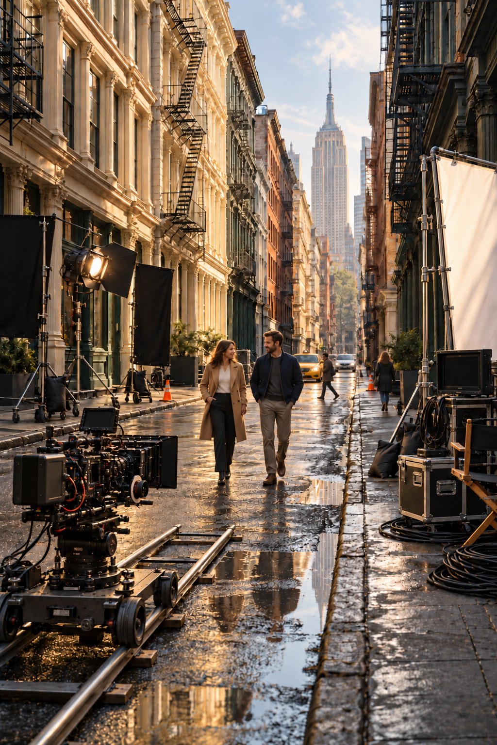 A film crew shooting a couple walking down a SoHo street at golden hour, a camera on a dolly track in the foreground and the Empire State Building in the distance.