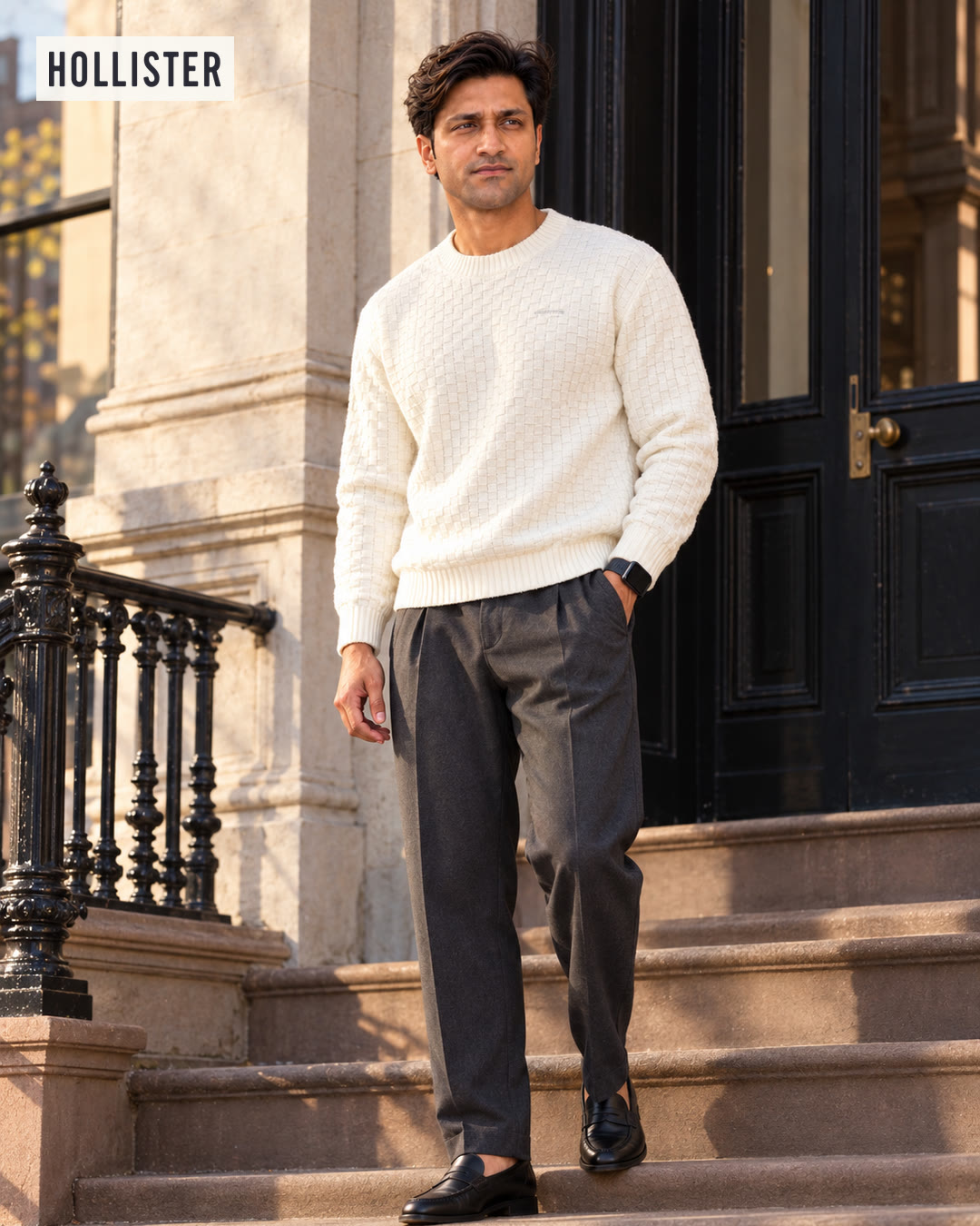 Man in a cream waffle-knit sweater and charcoal trousers standing on brownstone steps beside an iron railing.