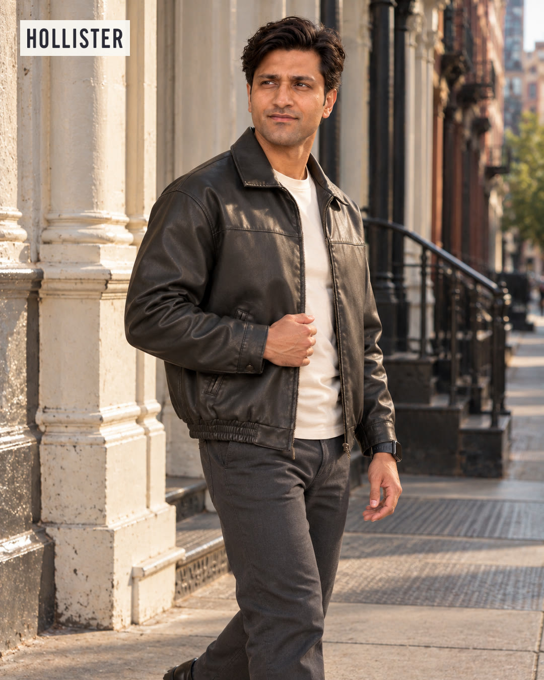 Man in a black leather bomber jacket walking past limestone columns, one hand on the zipper.