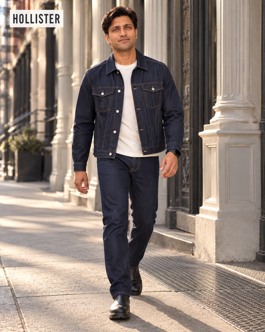Man in a dark denim trucker jacket and white tee walking down a sunlit sidewalk.