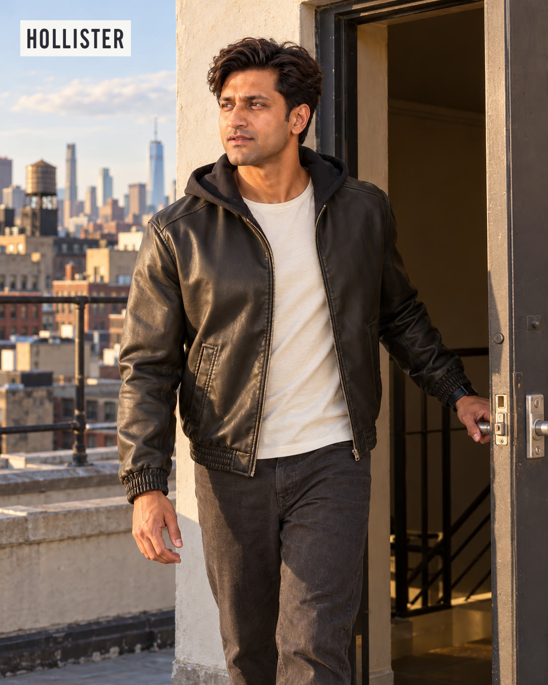 Man in a black leather bomber with a hood stepping through a rooftop doorway with the skyline behind him.
