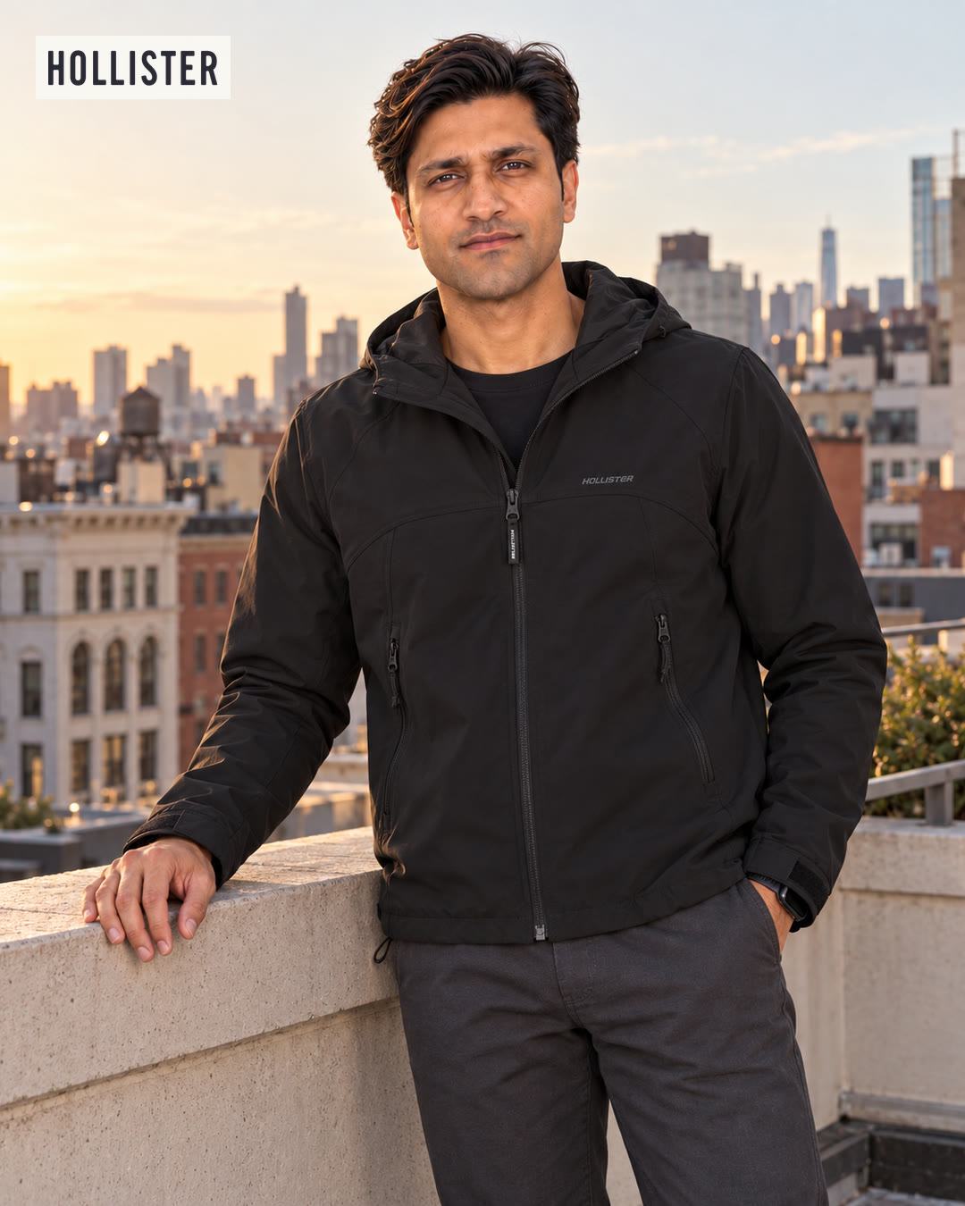 Man in a black zip jacket leaning on a rooftop wall at sunset, city skyline behind him.