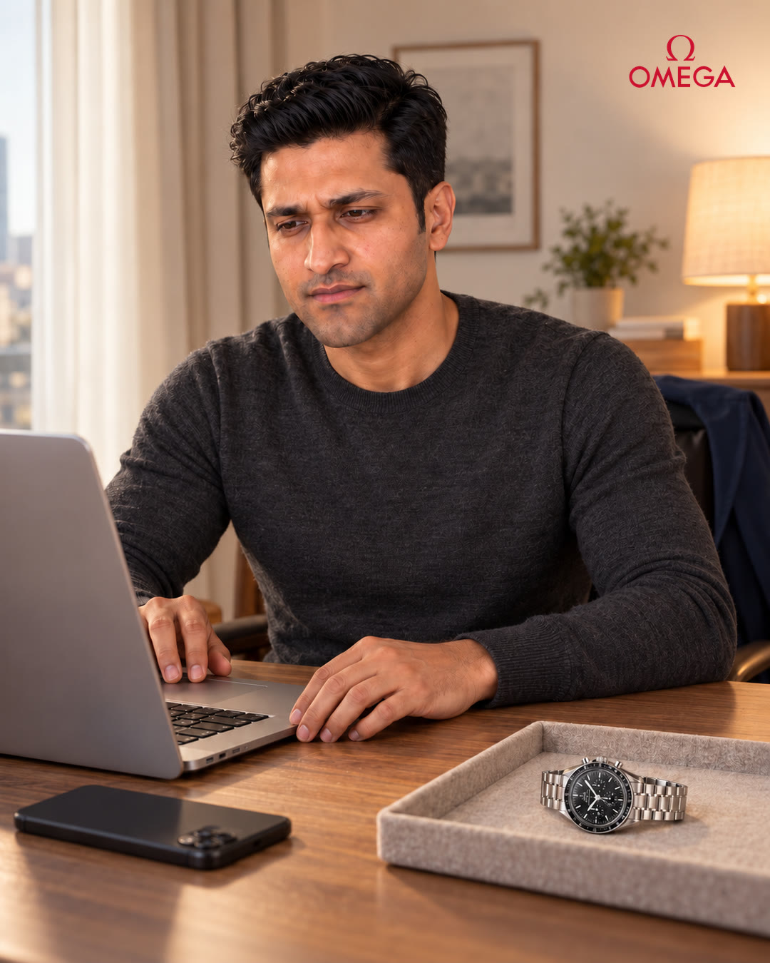 Man frowning at a laptop at his desk, an Omega watch resting in a tray beside him.