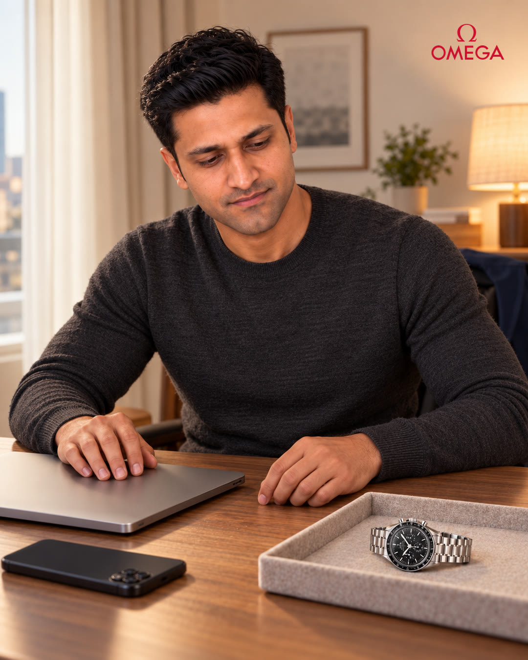 Man with the laptop closed, looking down at the Omega watch in its tray.