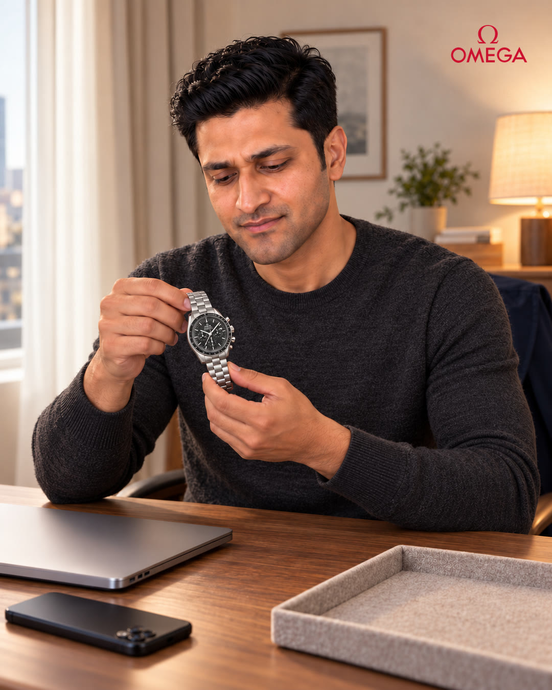 Man holding the Omega up to examine it.