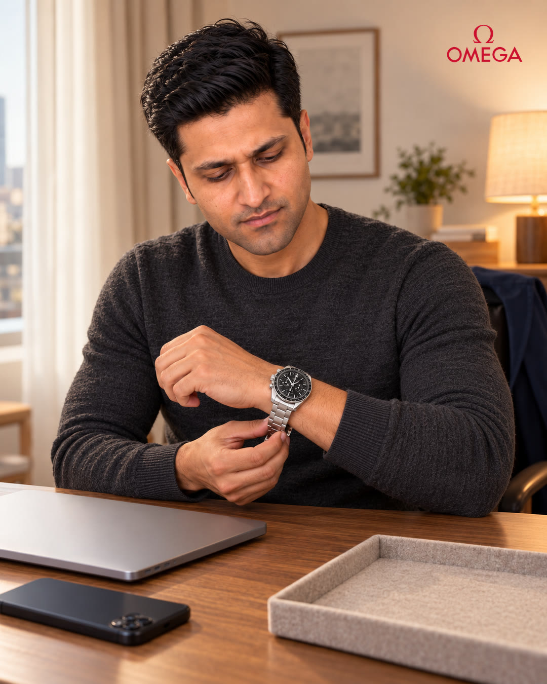 Man fastening the Omega bracelet on his wrist.