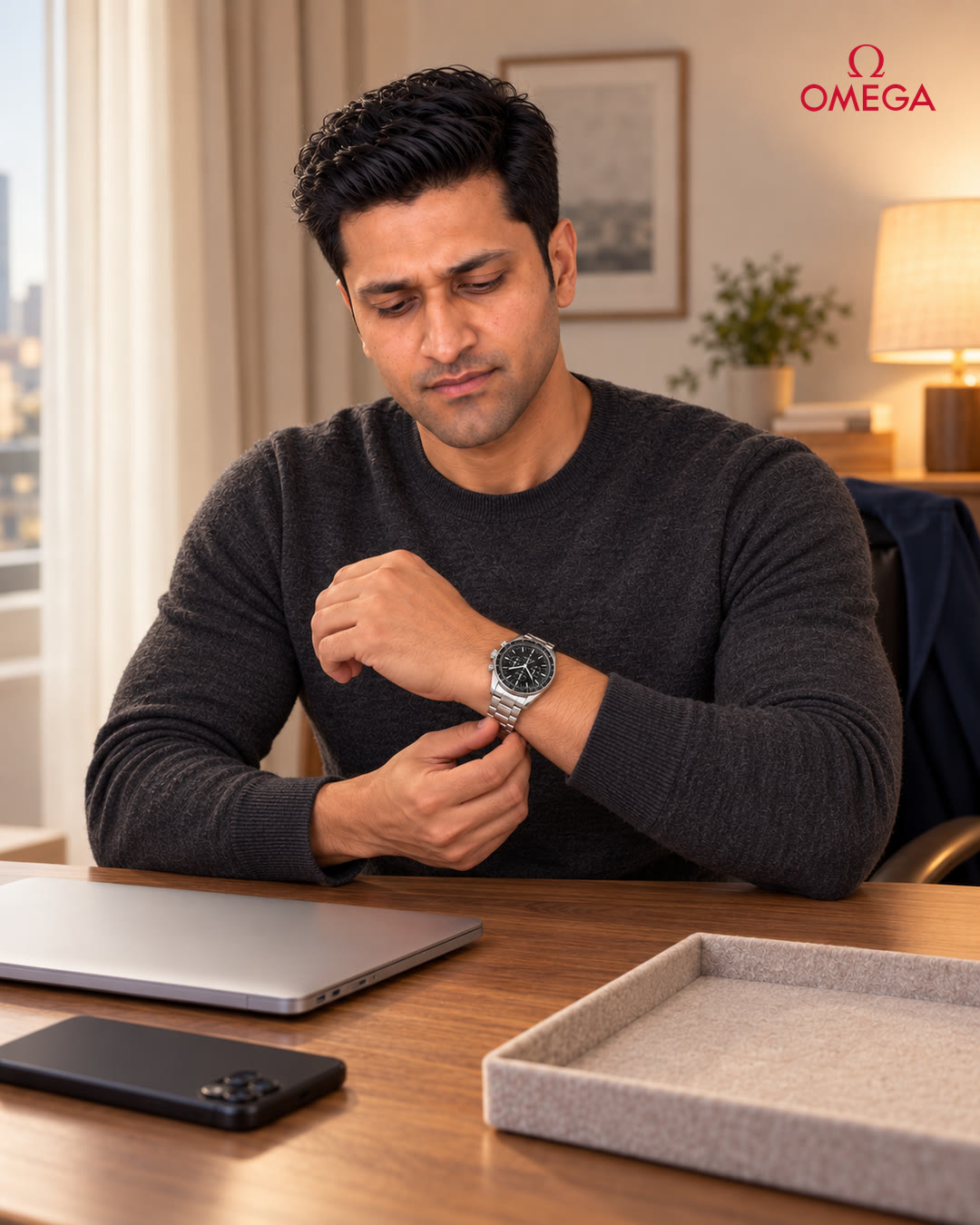 Man adjusting the Omega bracelet, the empty tray beside him.