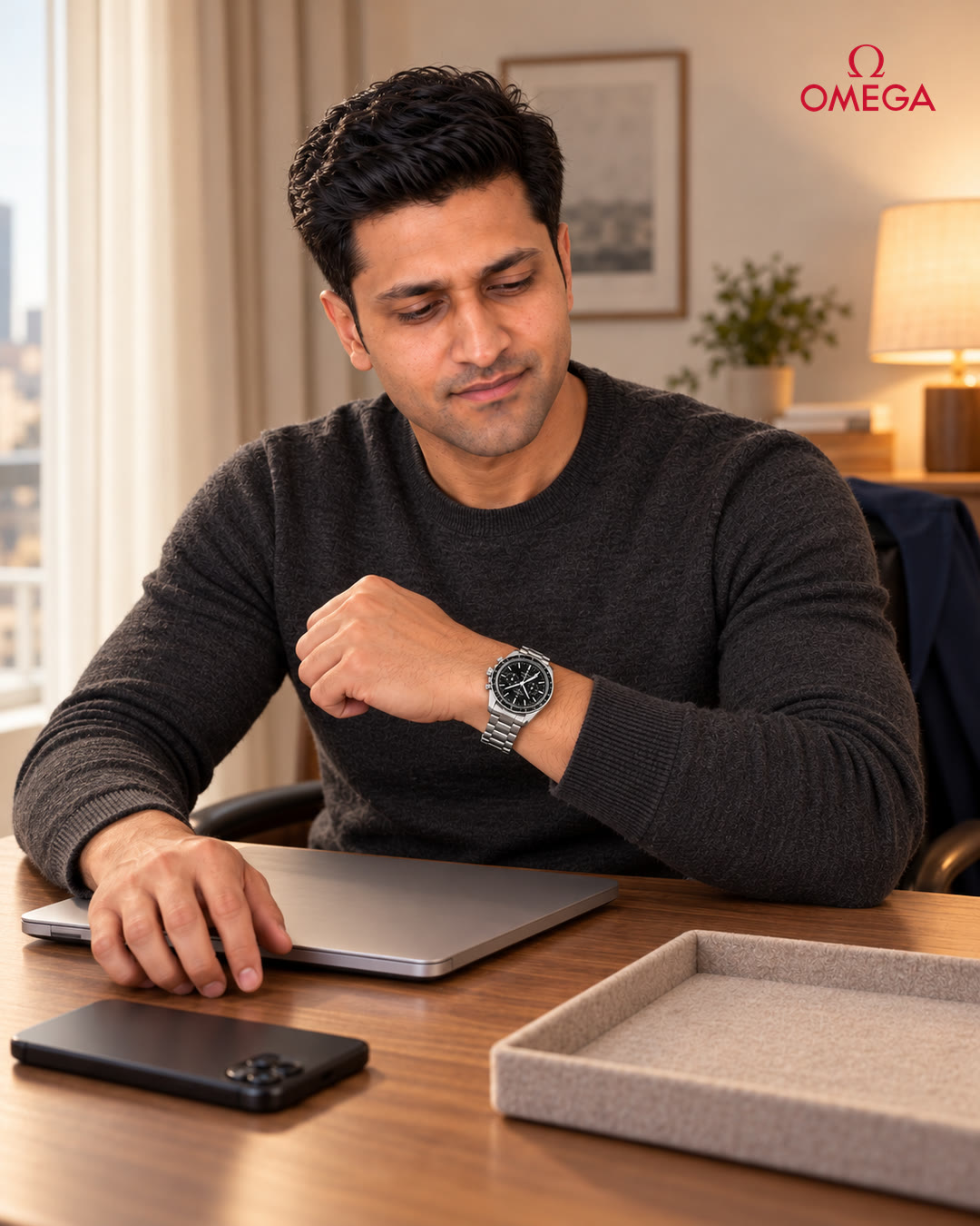 Man glancing at the Omega watch on his wrist, hand resting on the closed laptop.