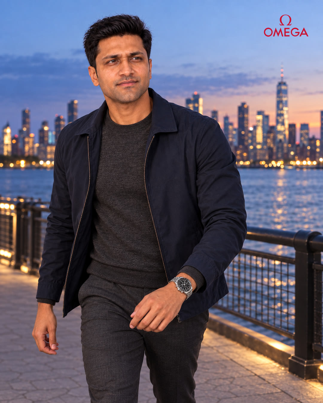 Man in a navy jacket walking along the waterfront at dusk wearing the Omega.