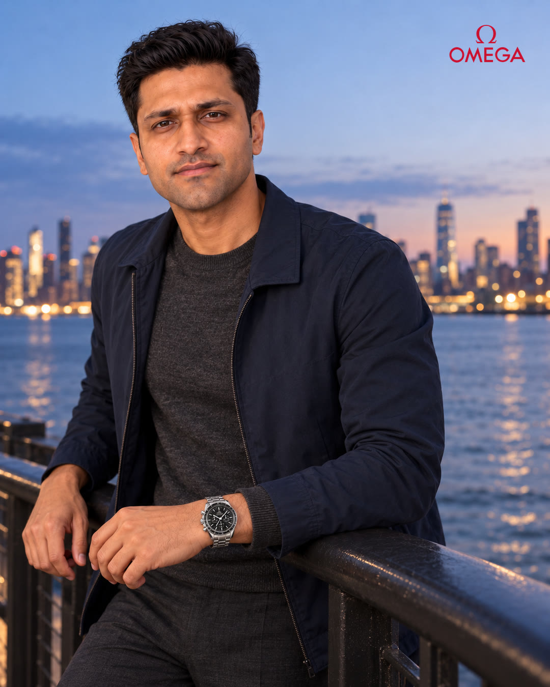 Man leaning on a waterfront railing at dusk with the Omega on his wrist.