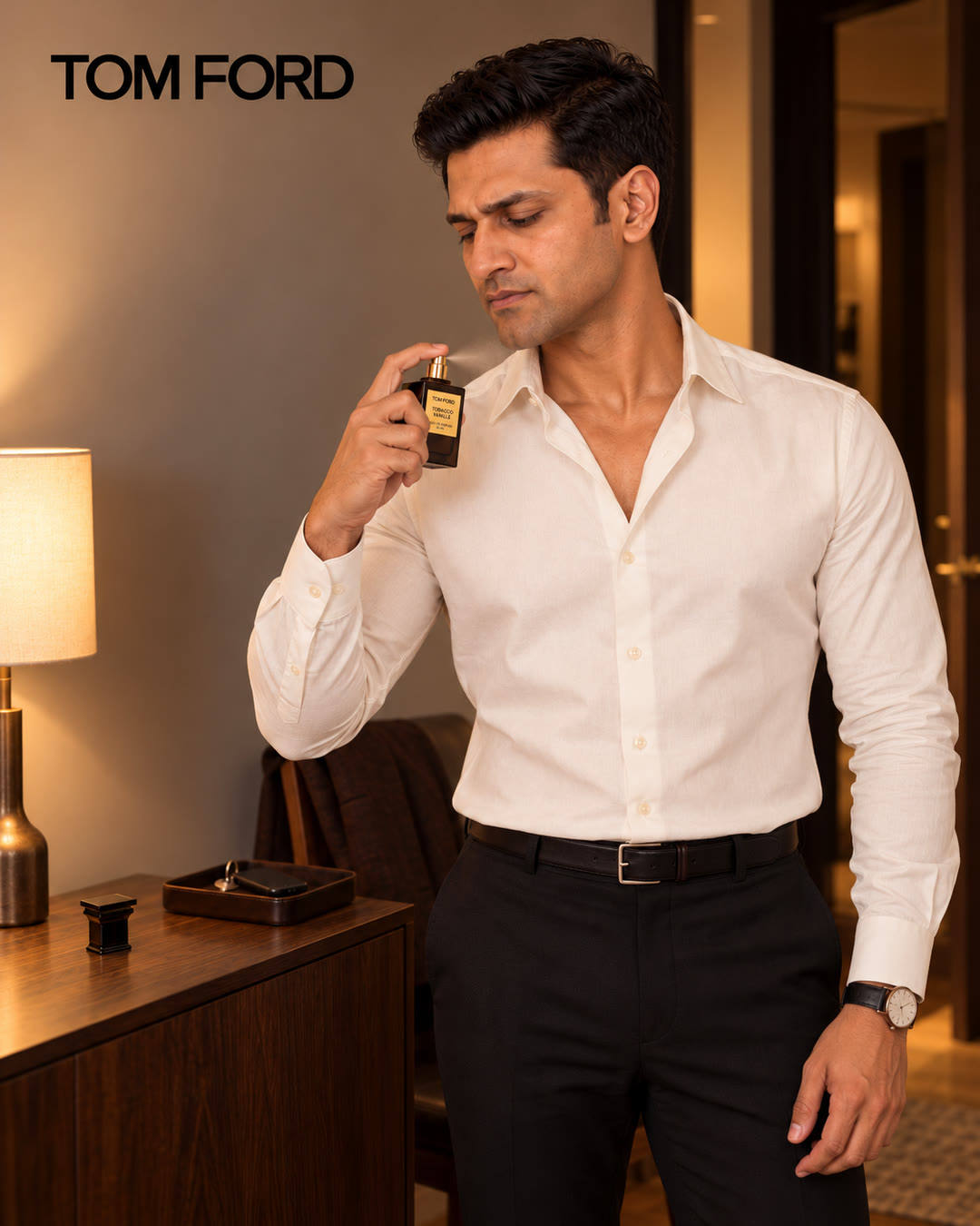 Man in a white shirt spraying the Tom Ford fragrance, the cap set down on the sideboard.