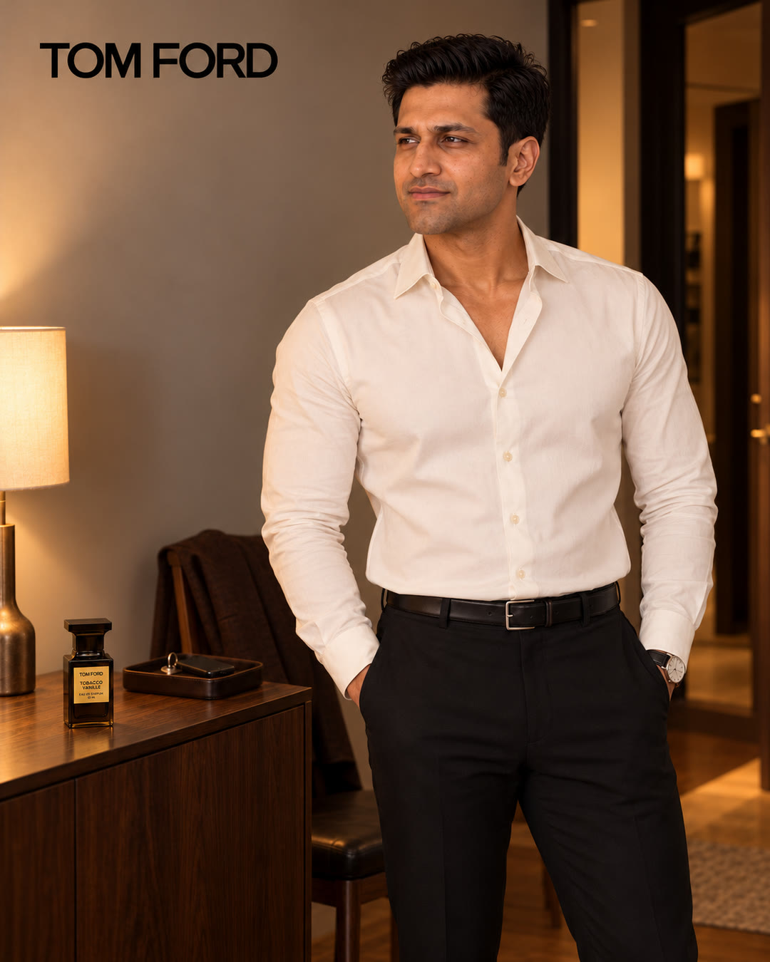 Man in a white shirt and black trousers with his hands in his pockets, looking off to the side.