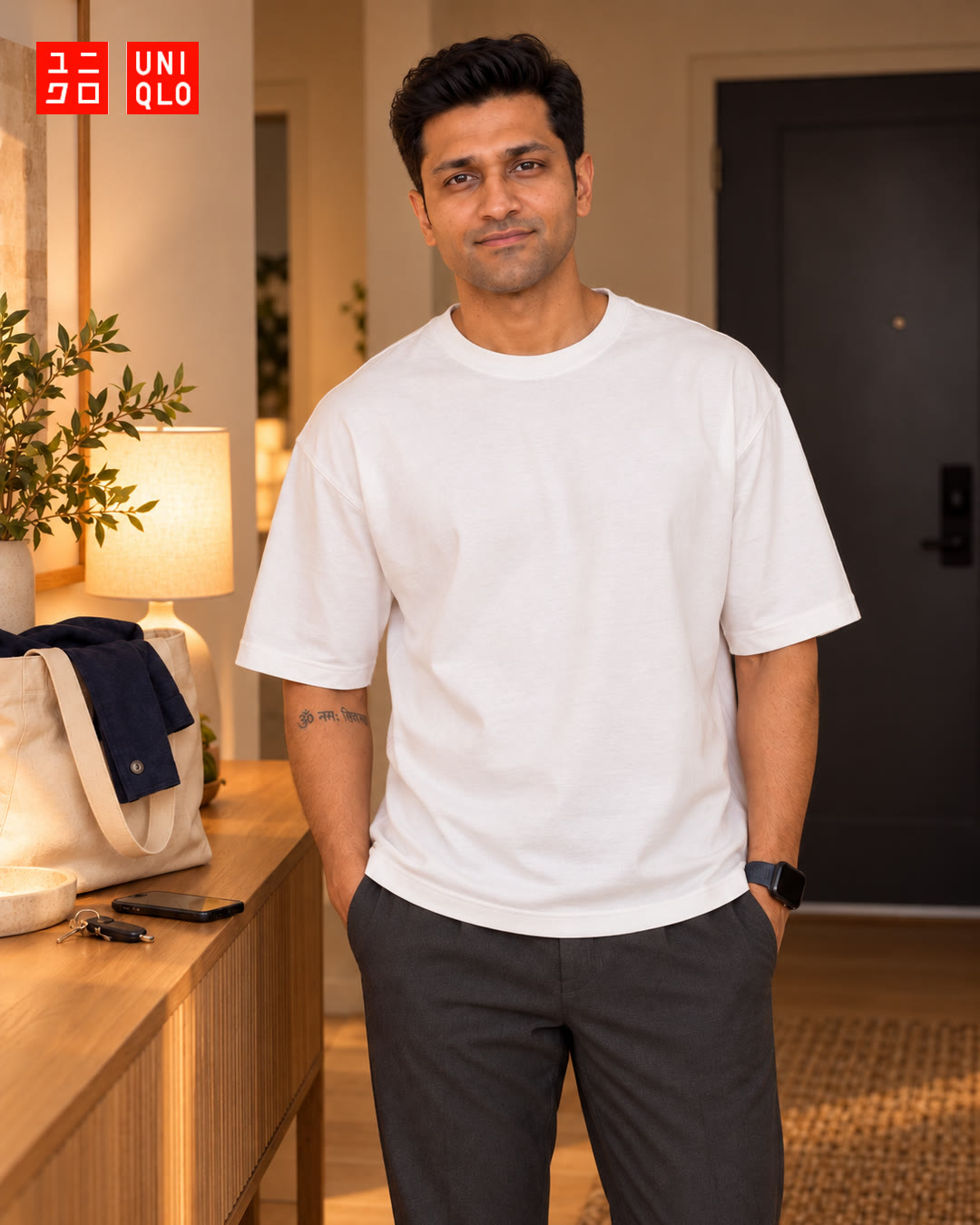 Man in a white Uniqlo t-shirt and charcoal trousers standing in an entryway with his hands in his pockets, a tote bag and keys on the sideboard.
