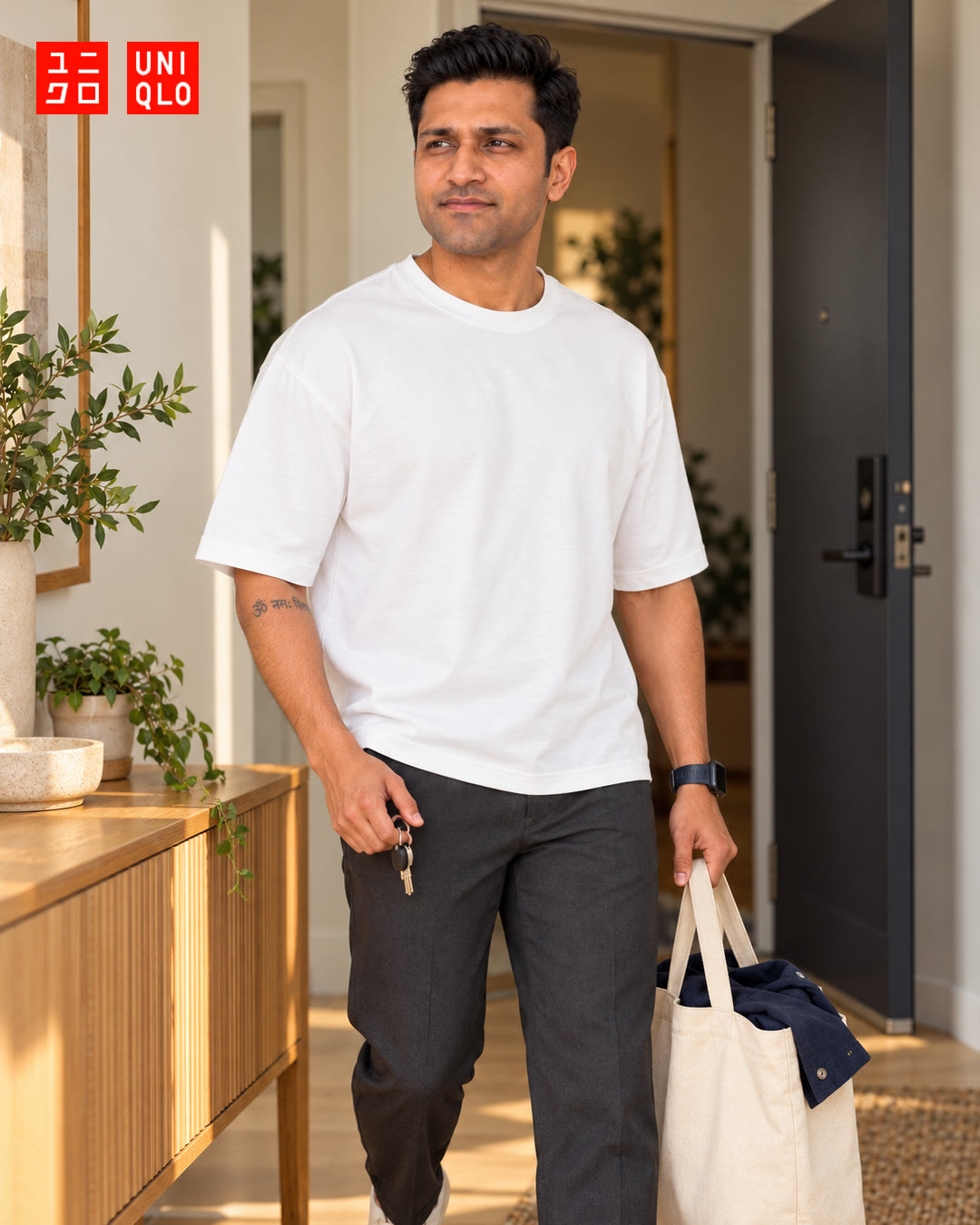 Man in a white t-shirt walking out of the front door with keys in one hand and a tote bag in the other.