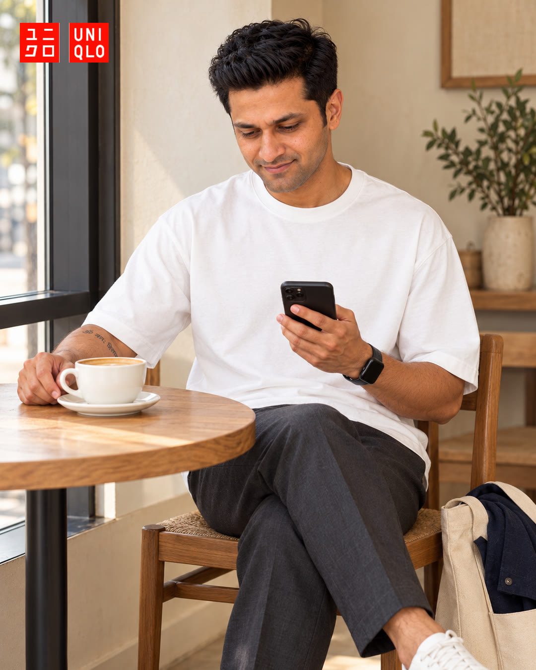 Man in a white t-shirt at a cafe table, smiling at his phone beside a cup of coffee.