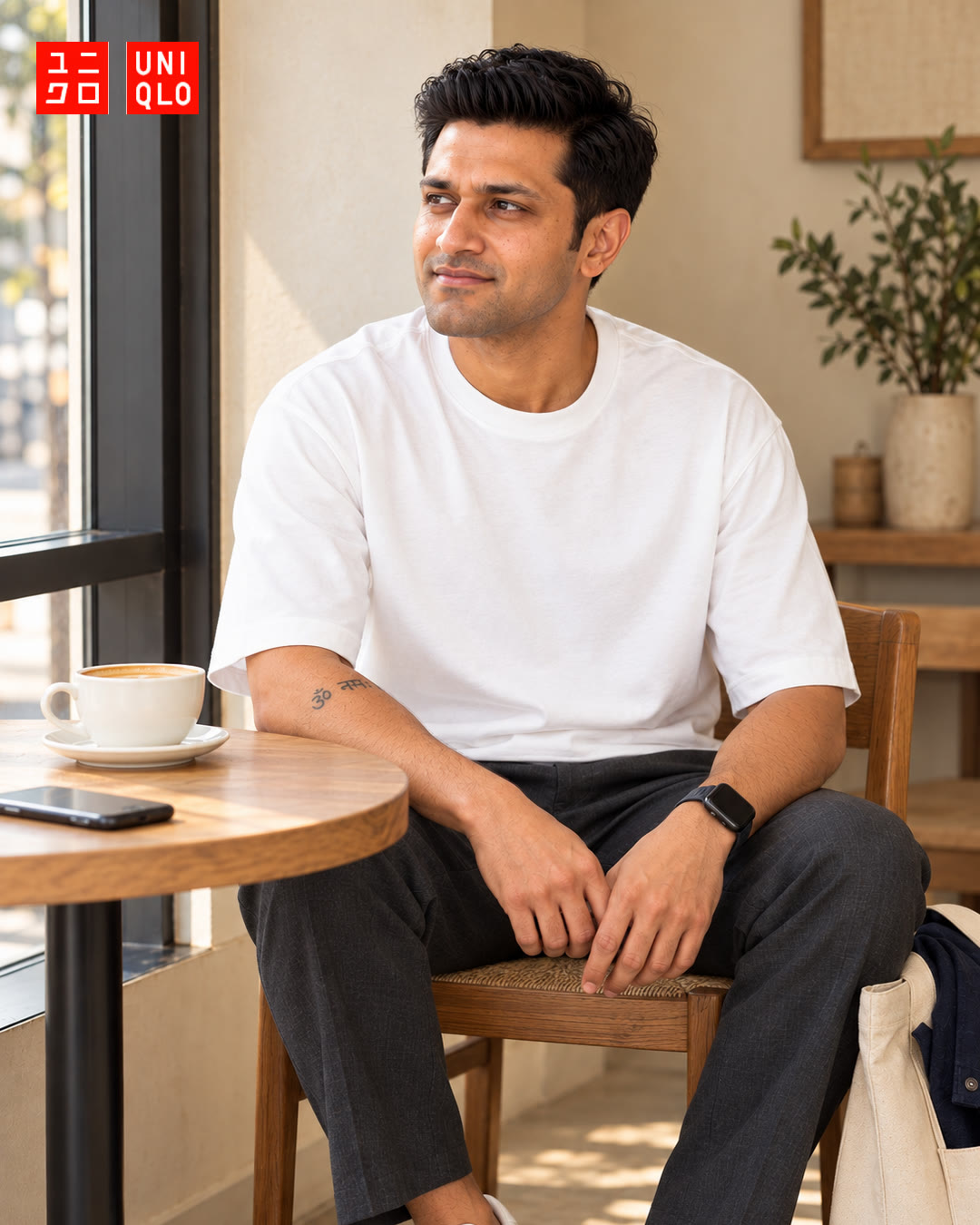Man in a white t-shirt at a cafe table, looking out the window.