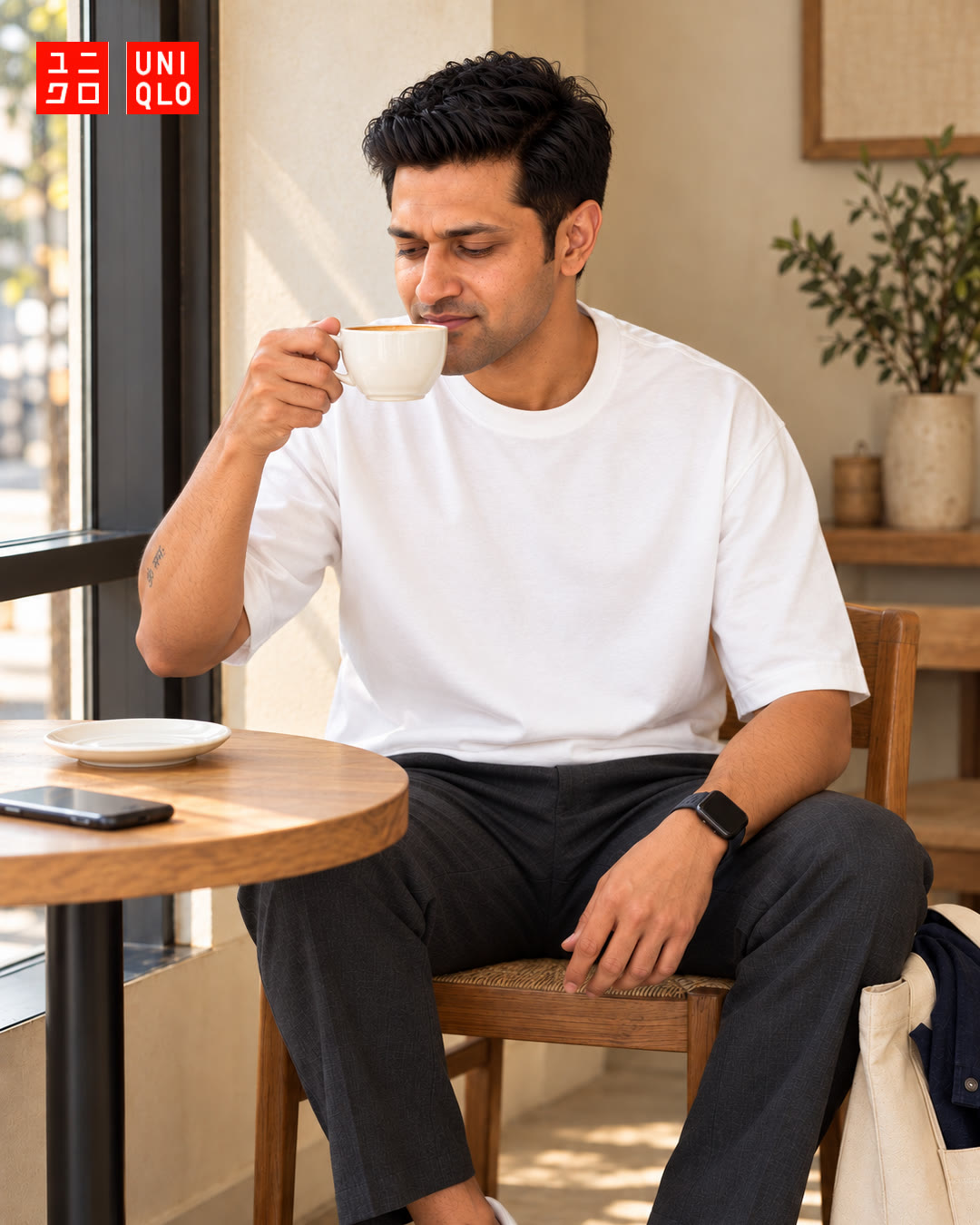 Man in a white t-shirt taking a sip of coffee at a window table.