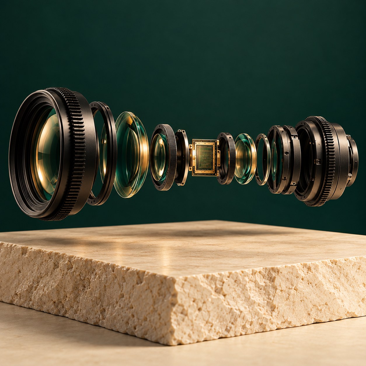 A cinema lens pulled apart in mid-air, every element and the sensor floating in line above a travertine slab against a deep green backdrop.
